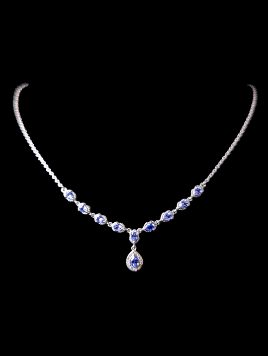 Vintage Inspired Elegant Genuine Tanzanite and White Zircon Sterling Silver Dangle Necklace