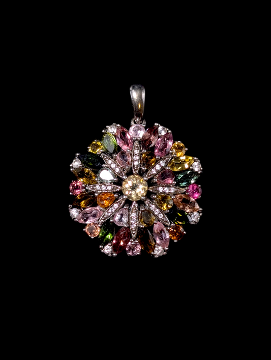 Vintage Starburst Genuine Multi Colored Tourmaline and White Zircon Sterling Silver Pendant