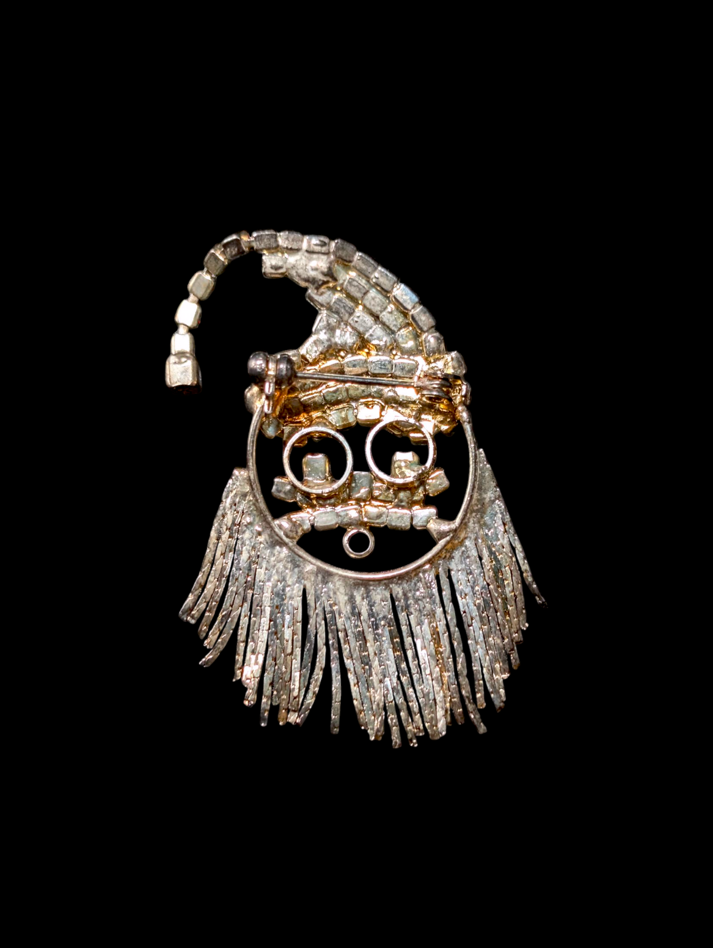 1960s Vintage Santa Face Rhinestone Brooch Pin with Flexible Beard and Hat