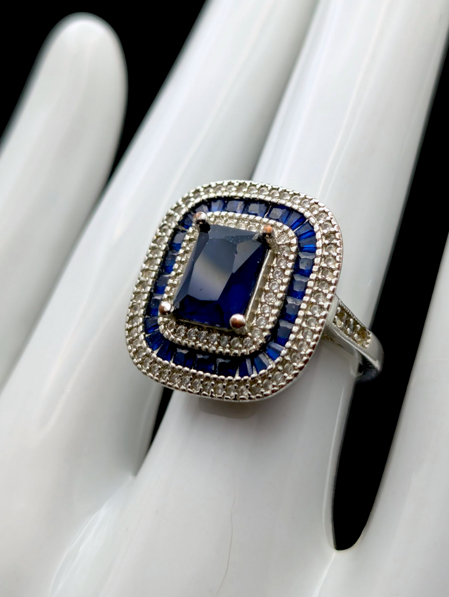 Vintage Art Deco Inspired Simulated Sapphire and Simulated Diamond Halo Silver Toned Statement Ring