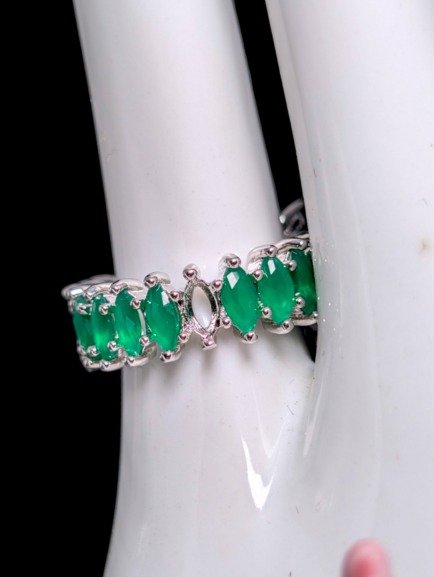 Vintage Inspired Cushion Cut Simulated Emerald Infinity Silver Toned Ring