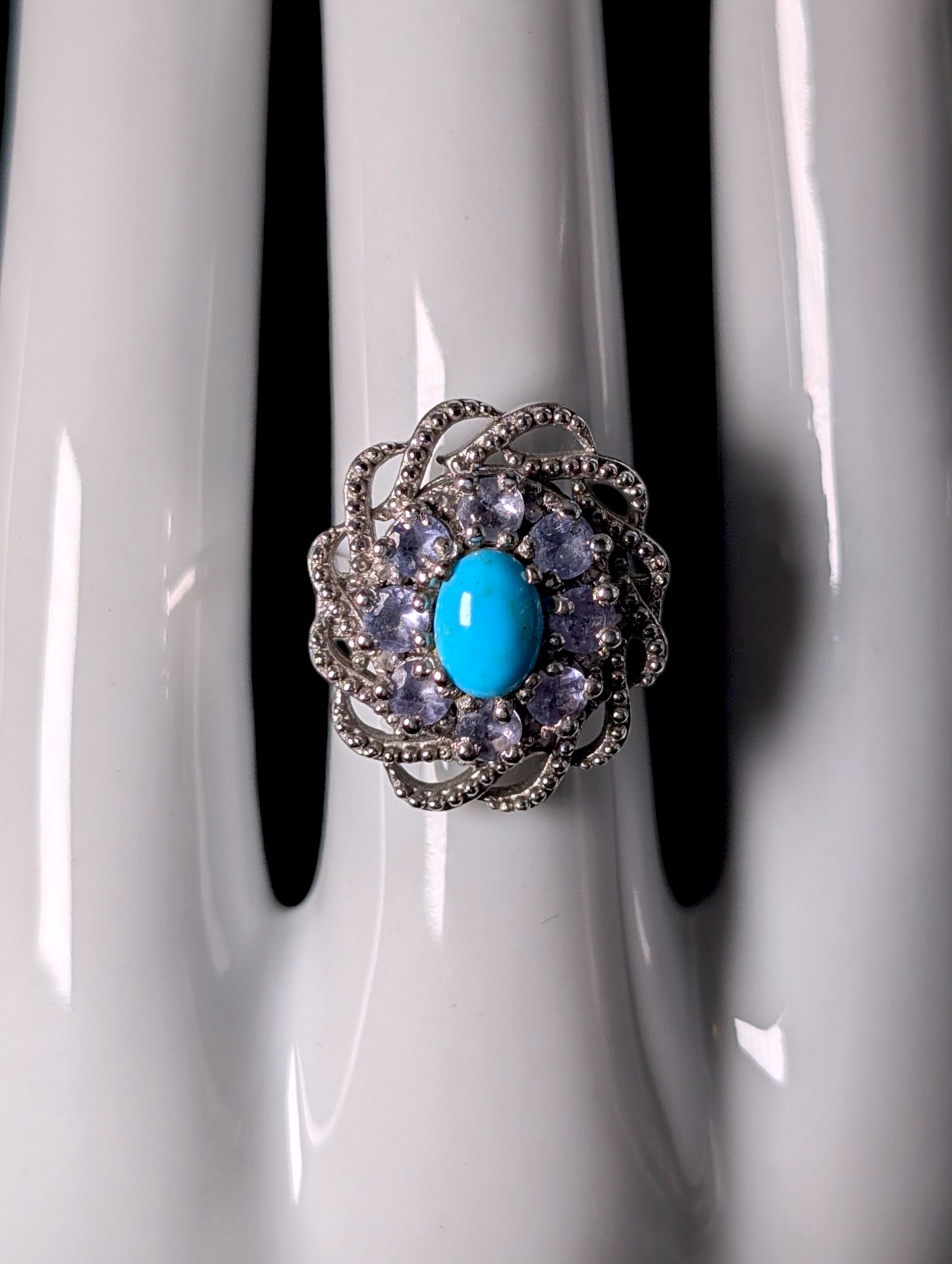 Vintage Cabochon Cut Solitaire Genuine Sleeping Beauty Turquoise Halo Sterling Silver Filigree Ring