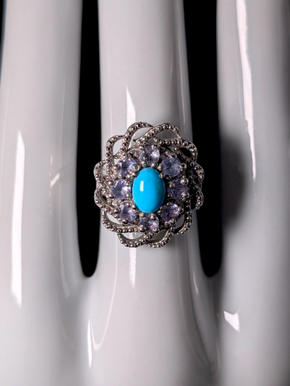 Vintage Cabochon Cut Solitaire Genuine Sleeping Beauty Turquoise Halo Sterling Silver Filigree Ring