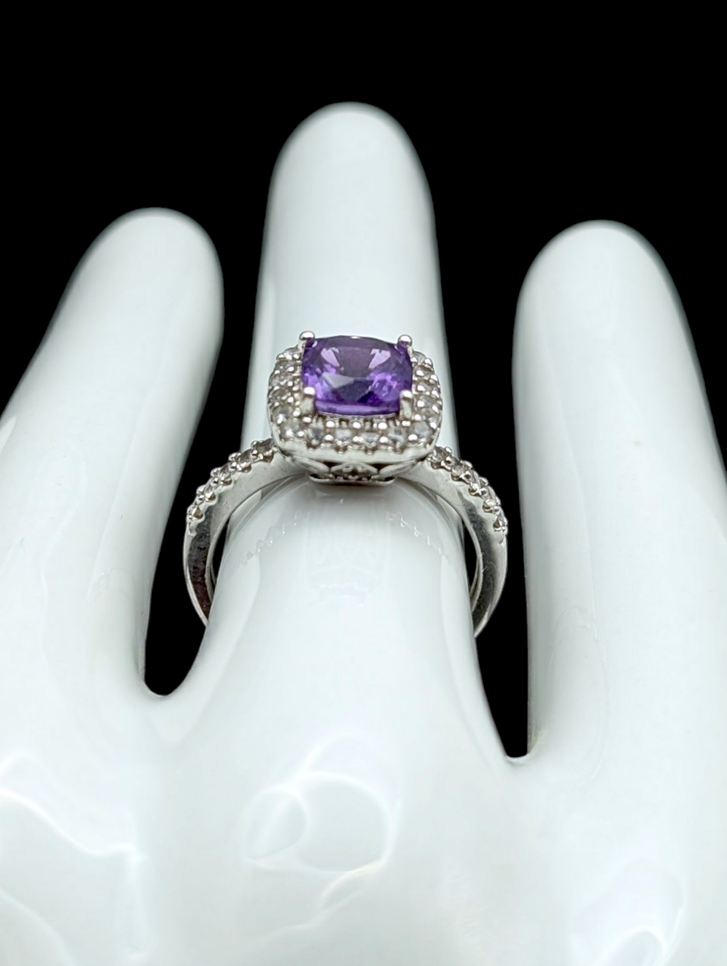 Vintage Cushion Cut Solitaire Genuine Grape Amethyst and White Topaz Halo Sterling Silver Ring