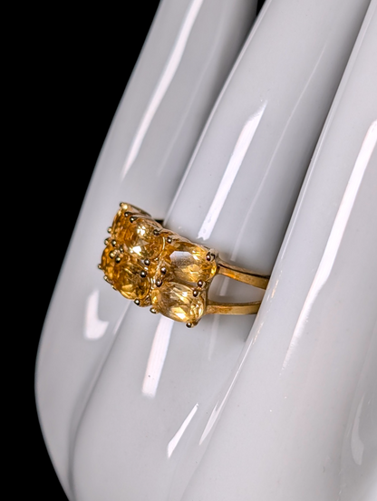 Vintage Double Row Genuine Golden Citrine 14k Gold over Sterling Silver Split Shank Ring