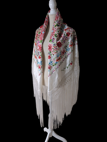 Antique Rare Manton De Manila Embroidered Florals Silk Flamenco Piano Shawl in White with Hand Knotted Macrame Fringe