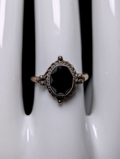 Vintage Artesian Genuine Faceted Black Onyx Solitaire Braided Tarnished Sterling Silver Filigree Ring