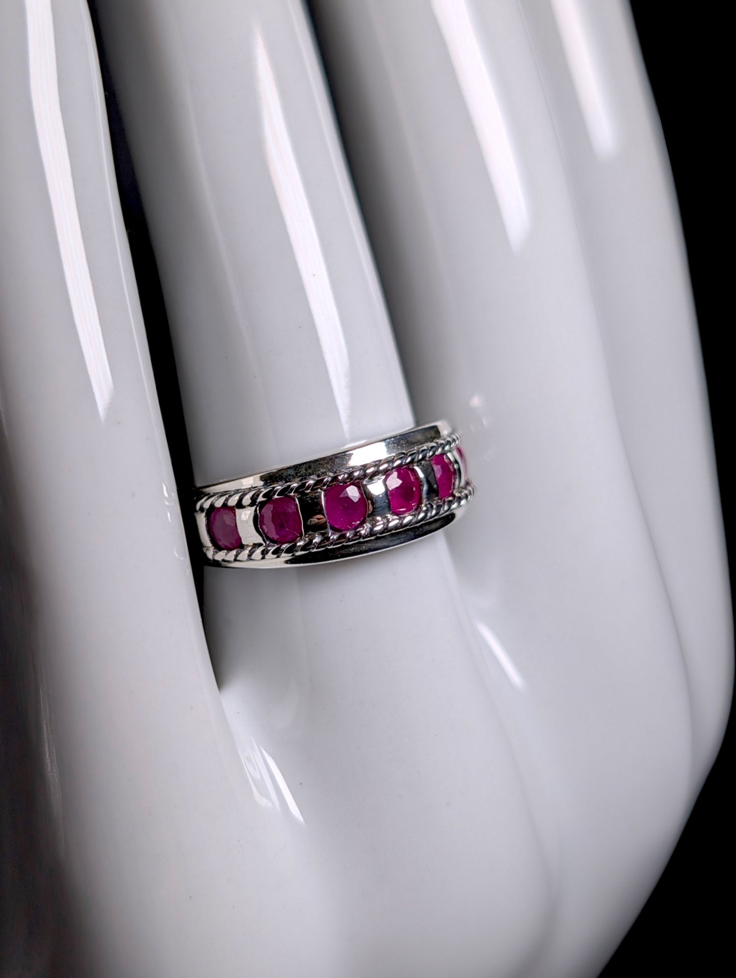 Vintage Round Row Genuine Ruby Braided Band Sterling Silver Ring