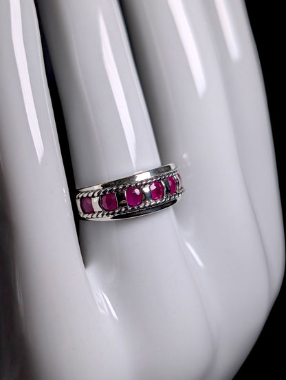 Vintage Round Row Genuine Ruby Braided Band Sterling Silver Ring