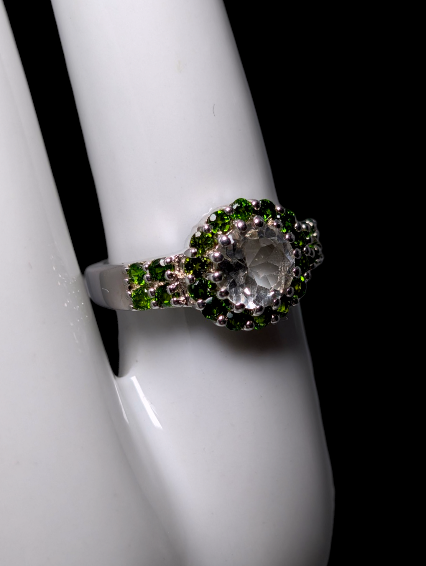 Vintage Round Brilliant Cut Earth Mined Genuine Rock Crystal Quartz Solitaire with Chrome Diopside Halo Sterling Silver Ring