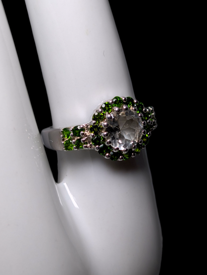 Vintage Round Brilliant Cut Earth Mined Genuine Rock Crystal Quartz Solitaire with Chrome Diopside Halo Sterling Silver Ring