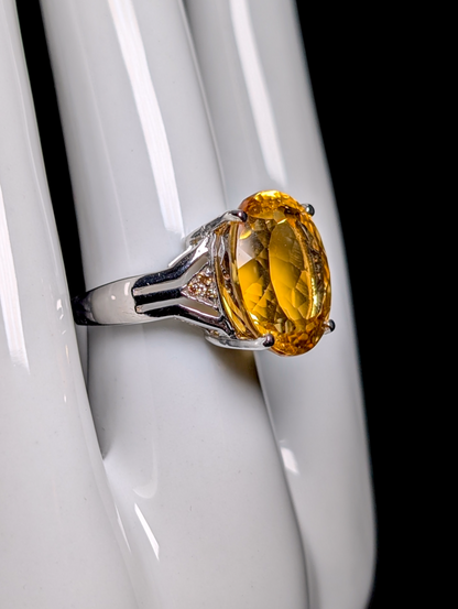 Vintage Large Oval Cut Genuine Golden Citrine Solitaire Sterling Silver Statement Ring