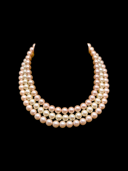 1950s Fresh Water 3 Strand Pink and White Glass Pearl Bib Necklace