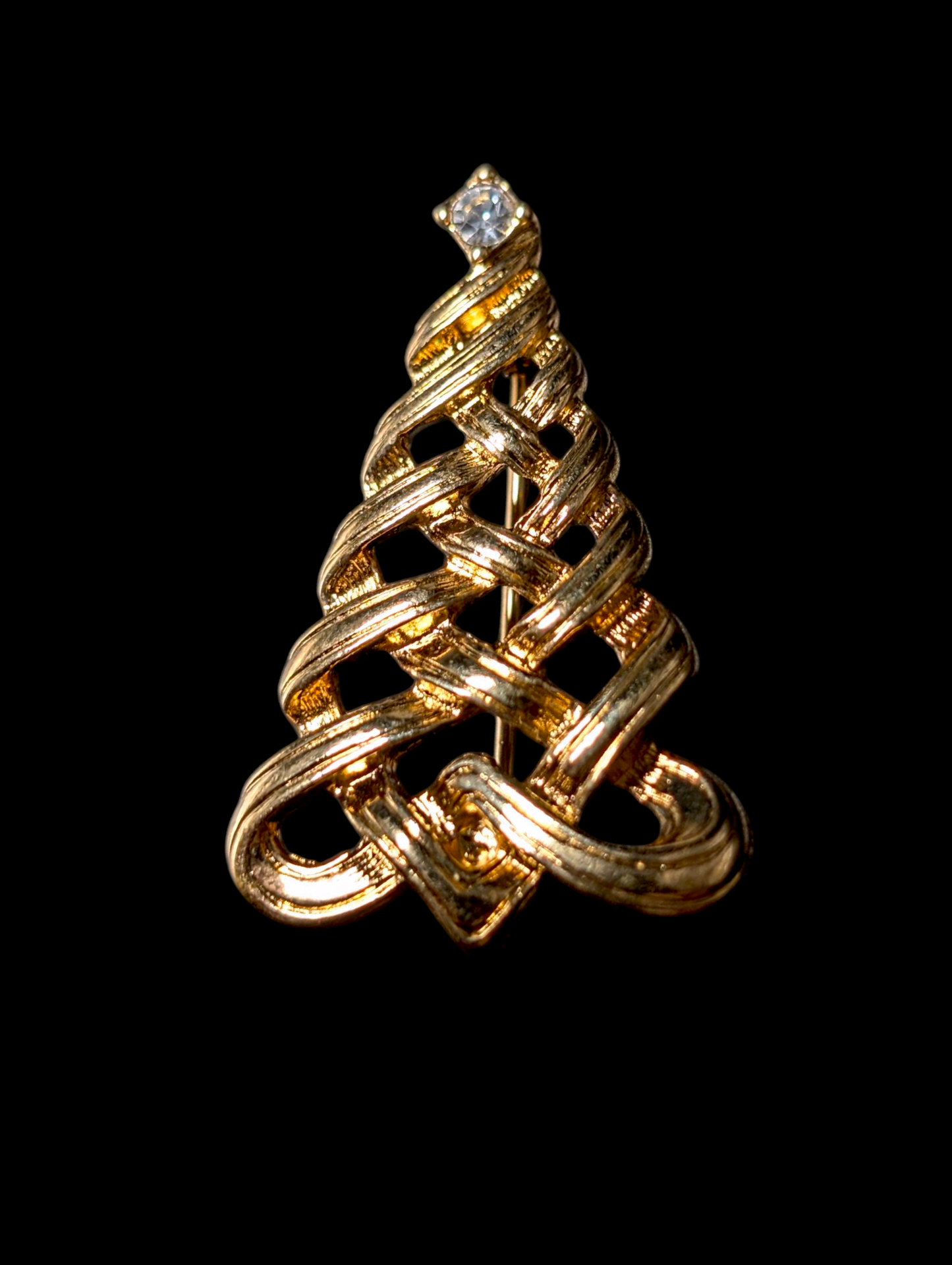 1980s Vintage Avon Christmas Tree Rhinestone Star Gold Toned Knot Ribbon Brooch Pin