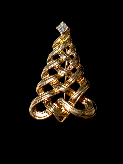 1980s Vintage Avon Christmas Tree Rhinestone Star Gold Toned Knot Ribbon Brooch Pin