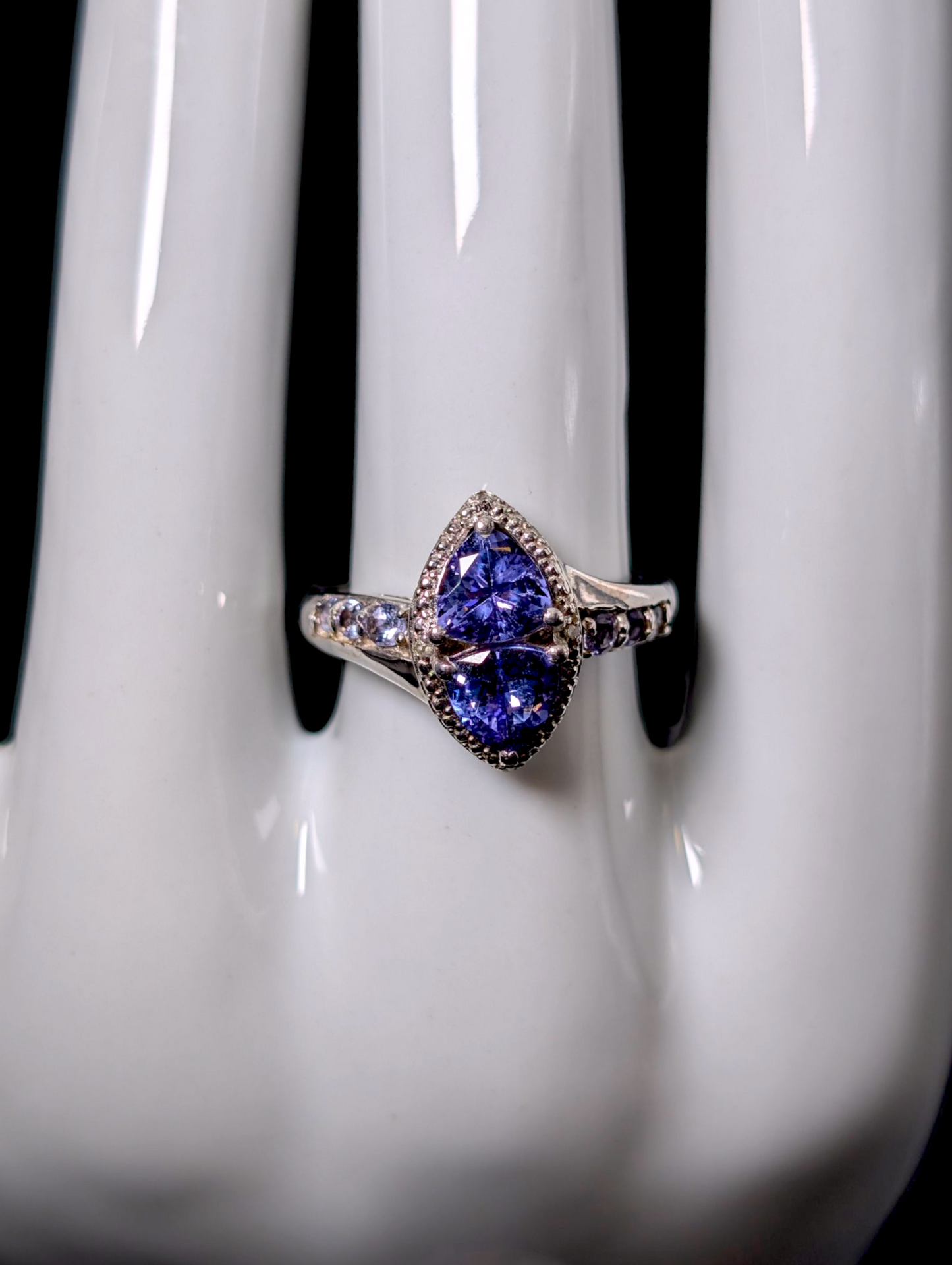 Vintage Double Trillion Cut Genuine Tanzanite with Diamond Accents Sterling Silver Ring