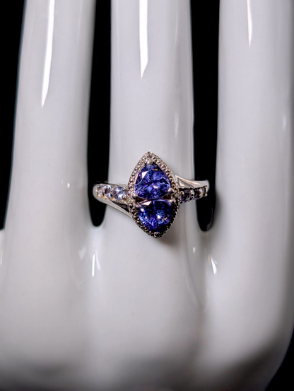 Vintage Double Trillion Cut Genuine Tanzanite with Diamond Accents Sterling Silver Ring