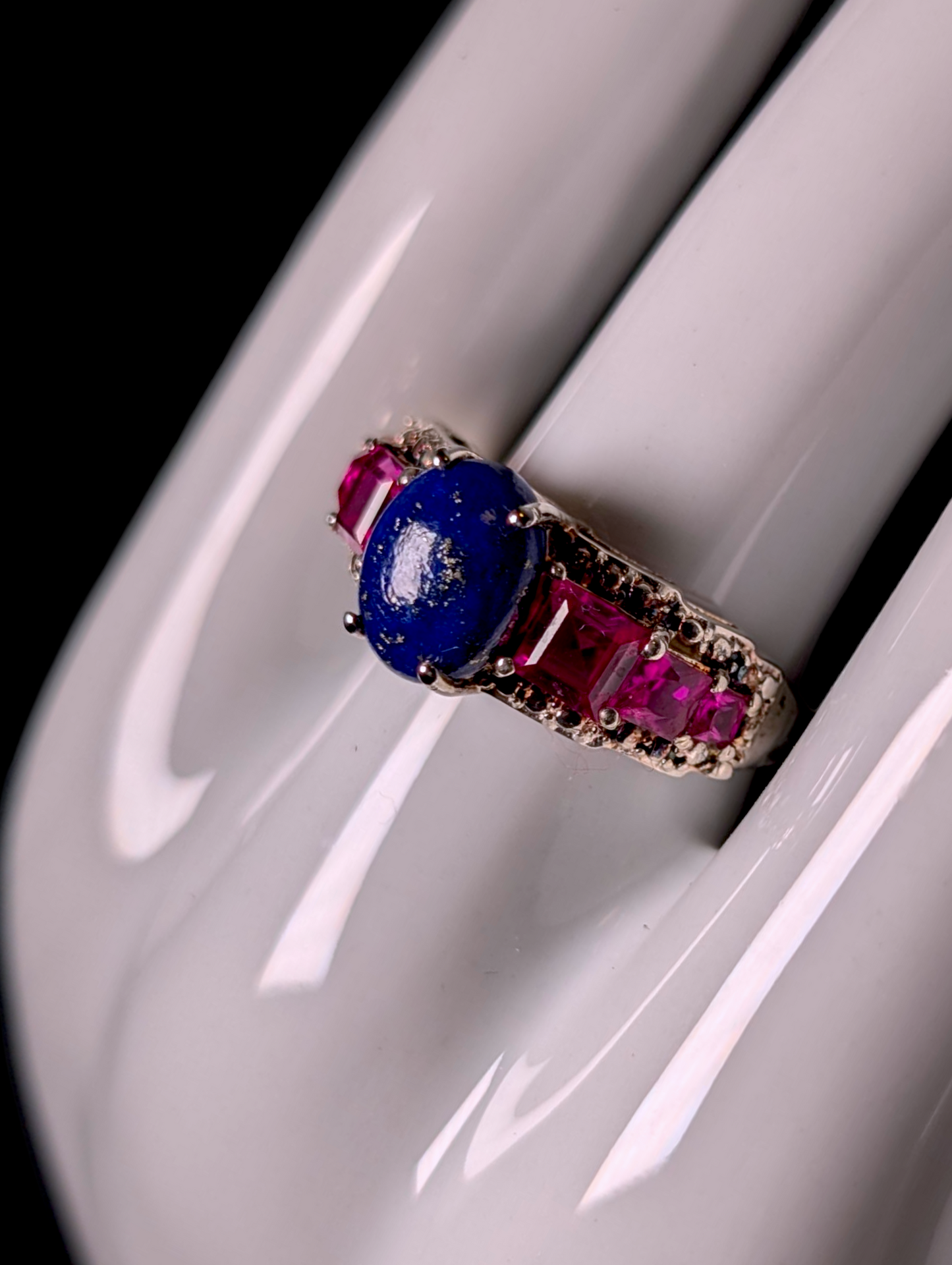 Vintage Oval Cabochon Cut Genuine Lapis Solitaire with Princess Cut Ruby Accents Sterling Silver Statement Band Ring