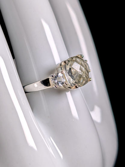 Vintage Cushion Checkerboard Cut Genuine Prasiolite with White Topaz Accent Stones Sterling Silver Ring