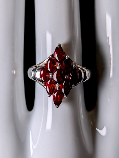 Vintage Marquise Cut Genuine Pyrope Garnet Cluster Sterling Silver Ring