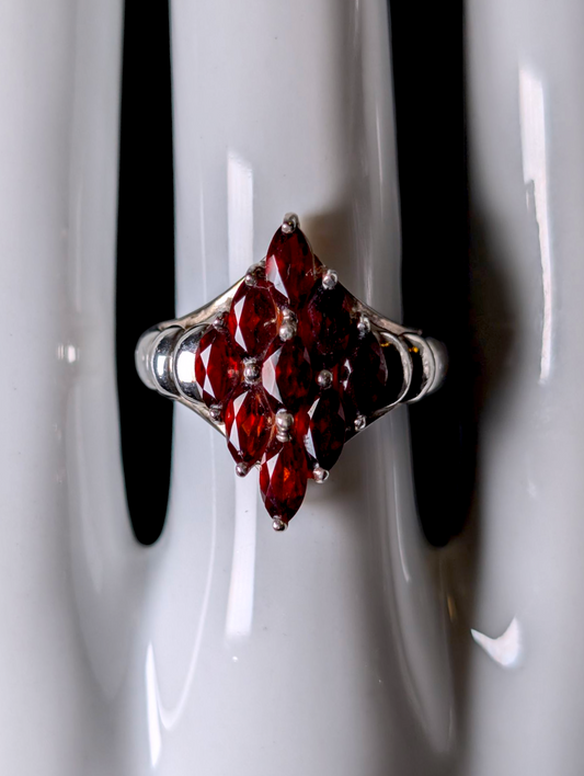 Vintage Marquise Cut Genuine Pyrope Garnet Cluster Sterling Silver Ring