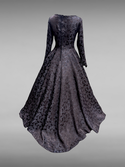 1940s-1950s "The Phoenix" Black Wedding Dress with Damask Silk Embossed Maple Leaves