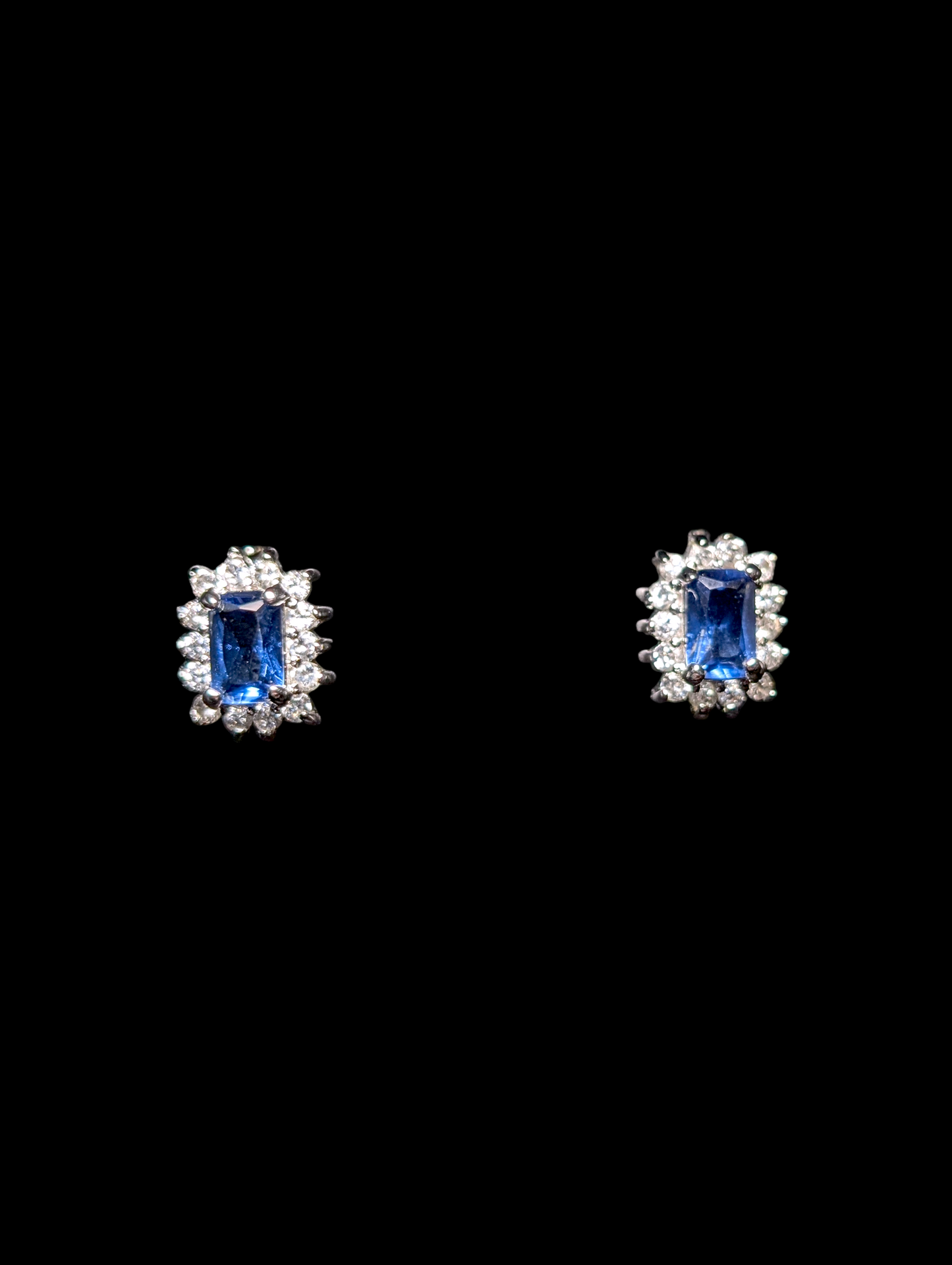 Vintage Inspired Simulated Emerald Cut Sapphire with Simulated Diamond Halo Sterling Silver Stud Earrings