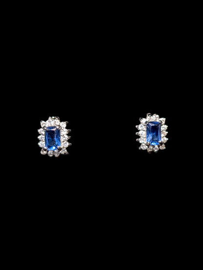 Vintage Inspired Simulated Emerald Cut Sapphire with Simulated Diamond Halo Sterling Silver Stud Earrings