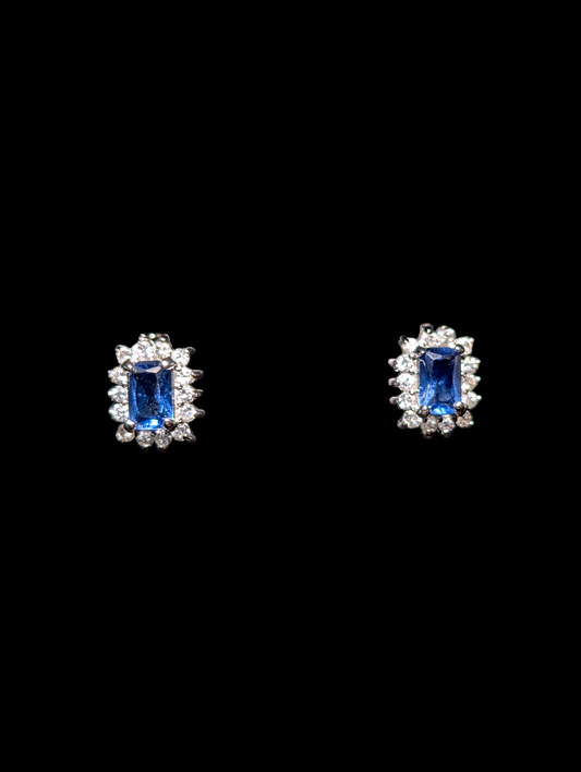 Vintage Inspired Simulated Emerald Cut Sapphire with Simulated Diamond Halo Sterling Silver Stud Earrings
