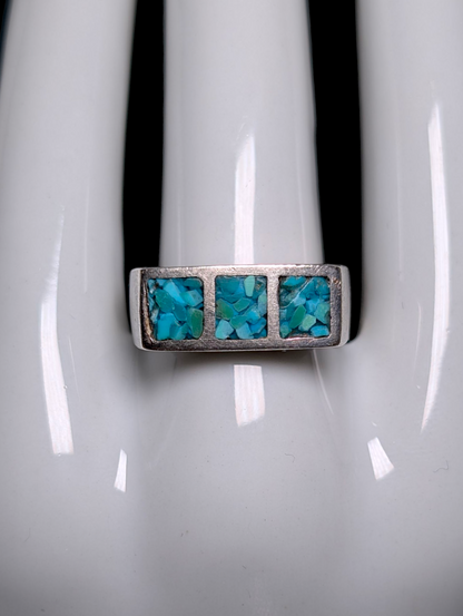 Vintage Native Southwest Handmade Inlay Genuine Turquoise Hammered Sterling Silver Band Ring