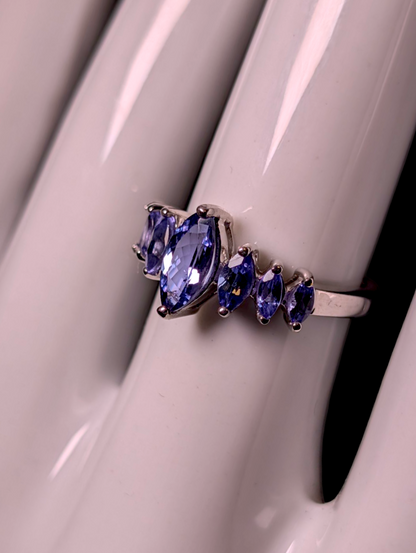 Vintage Marquise Cut Graduating Genuine Tanzanite Sterling Silver Band Ring