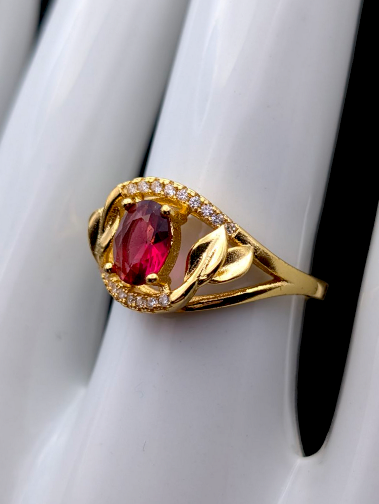 Vintage Simulated Pink Sapphire and Simulated Diamond Accented Leaf Gold Tone Statement Ring