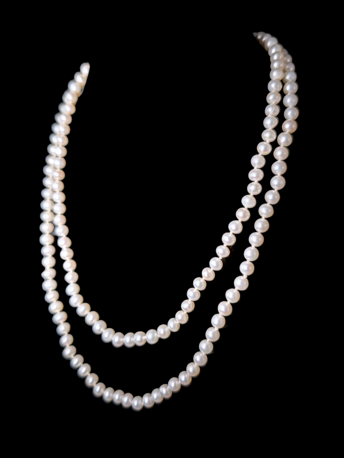 Vintage 35" Long White Hand Knotted Genuine Freshwater Pearl Round Shape Continuous Single Strand Necklace
