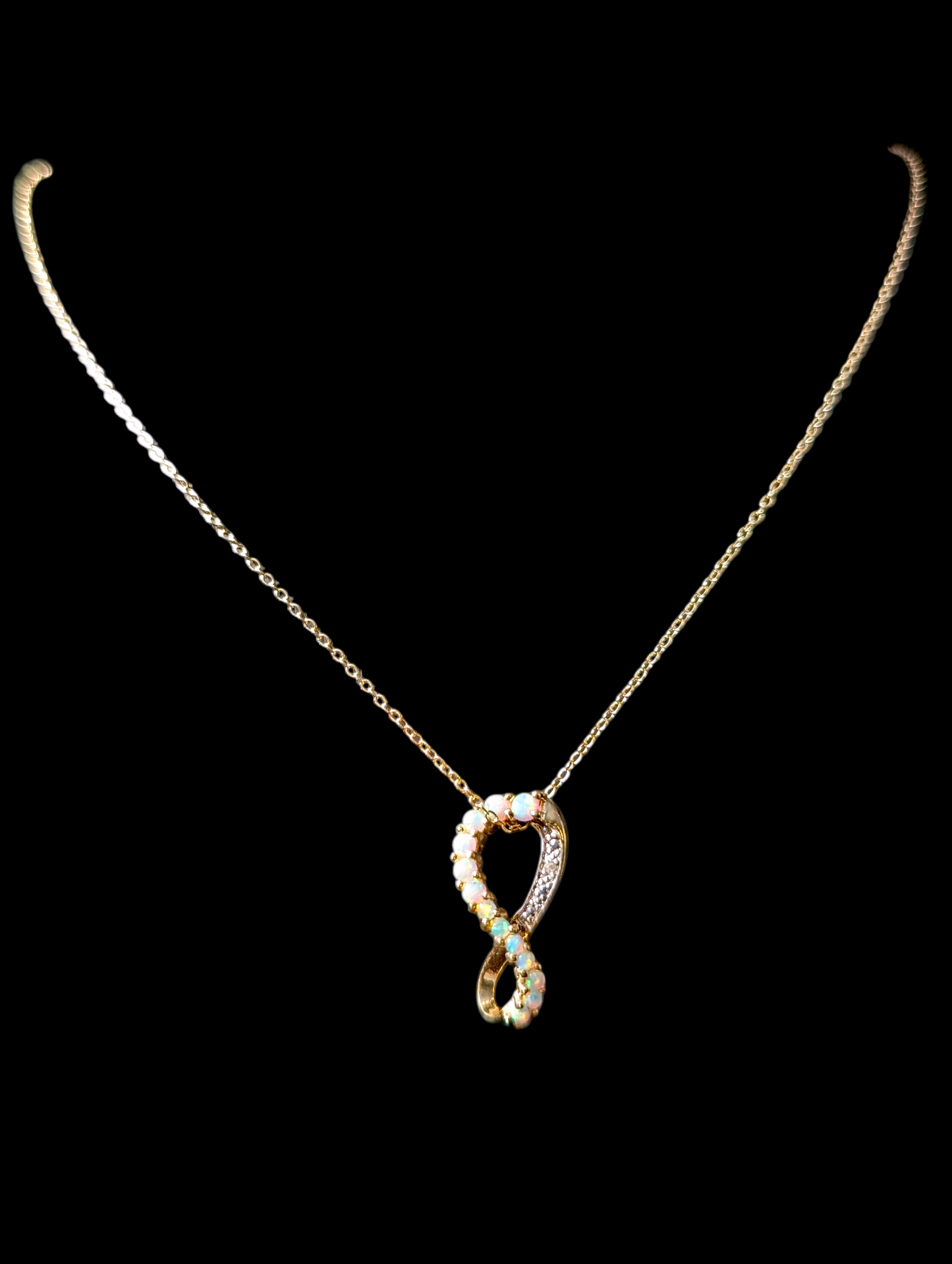 Vintage Infinity Genuine Opal and Diamond 14k Yellow Gold over Sterling Pendant and Delicate Chain Necklace