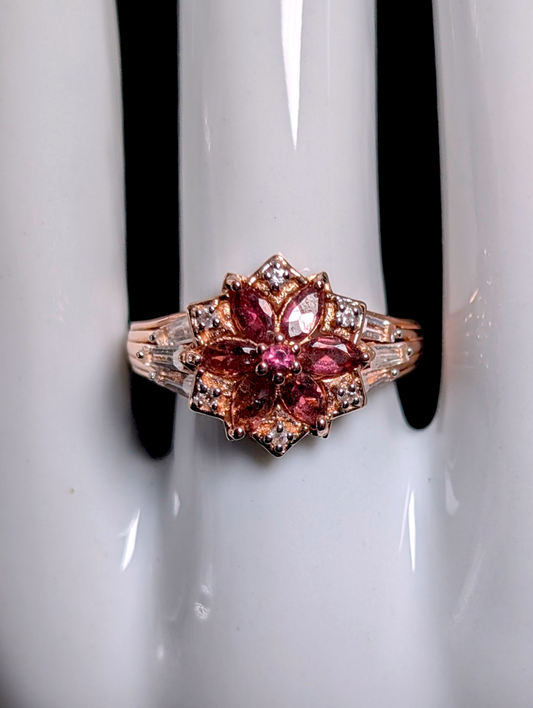 Vintage Star Flower Genuine Pink Tourmaline with White Topaz Accents 14kt Rose Gold over Sterling Silver Cluster Ring