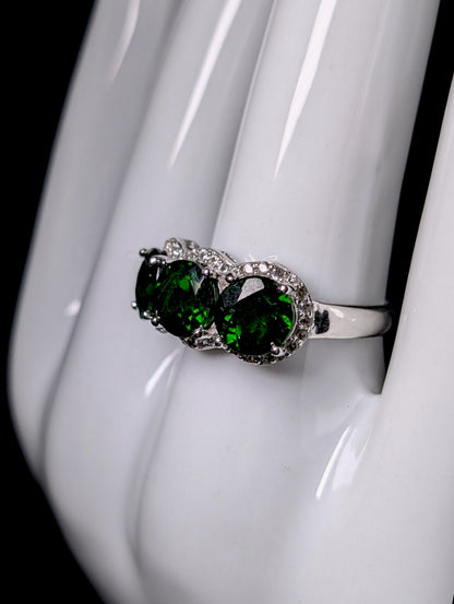Vintage 3 Stone Row Genuine Chrome Diopside and White Topaz Sterling Silver Ring