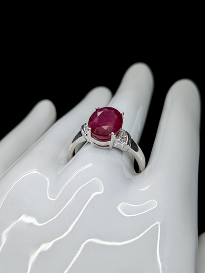 Vintage Large Oval Cut 5 Carat Genuine Ruby Solitaire and Genuine White Topaz Sterling Silver Ring