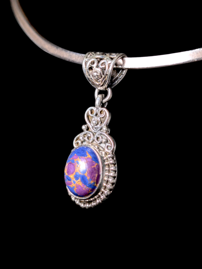 Vintage Oval Cut Bezel Cabochon Genuine Purple Turquoise Sterling Silver Studded Artisan Pendant