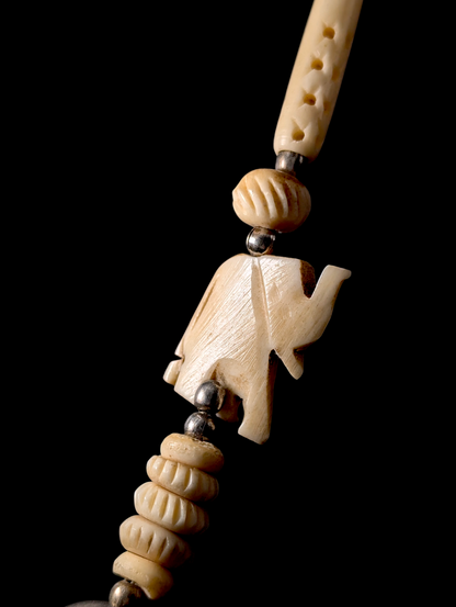 Vintage Genuine Carnelian and Carved Ivory Bone Elephant Silver Toned Tribal Necklace