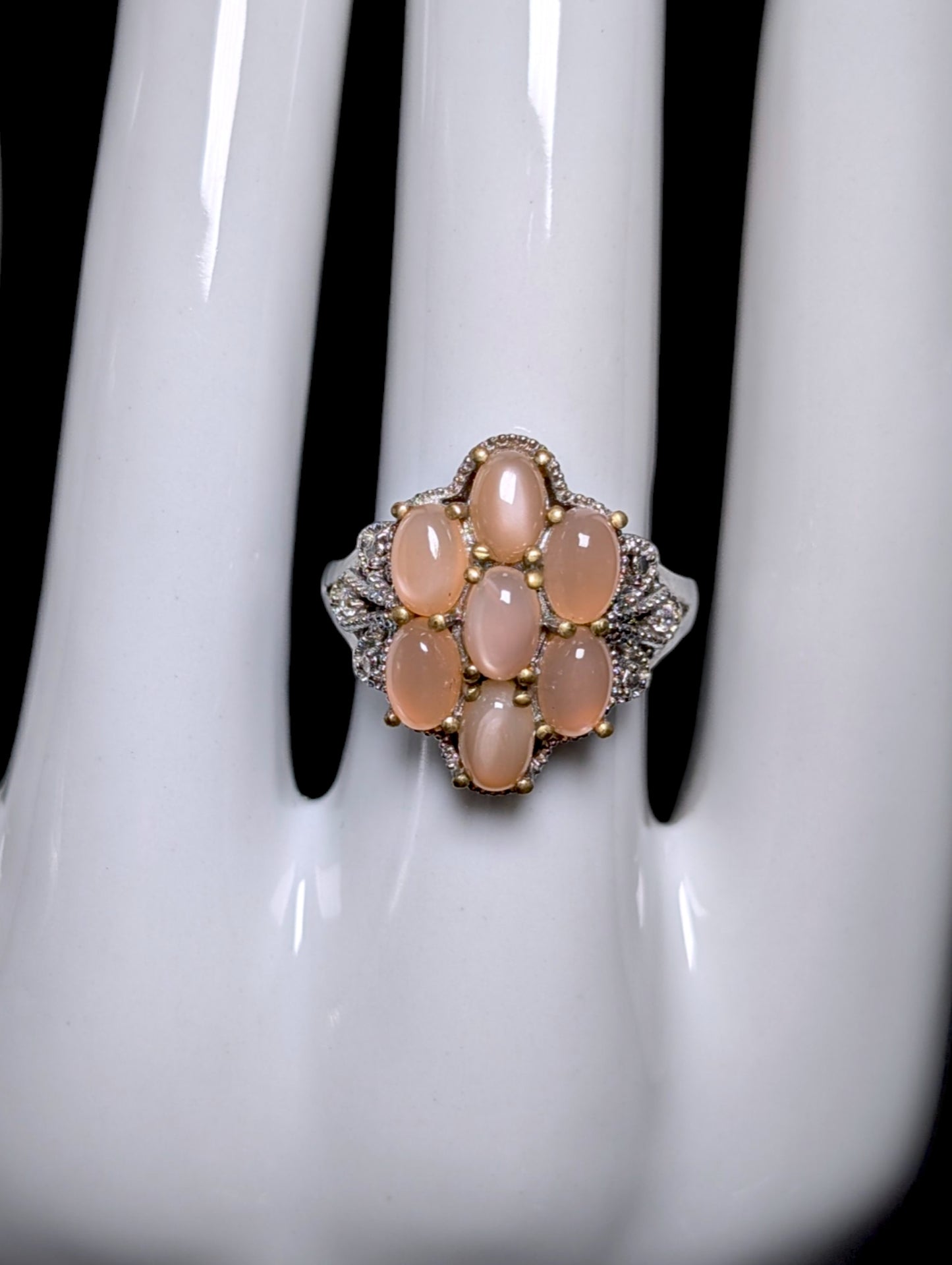 Vintage Peach Moonstone and Simulated Diamond Accented Cluster Cocktail Silver Toned Ring