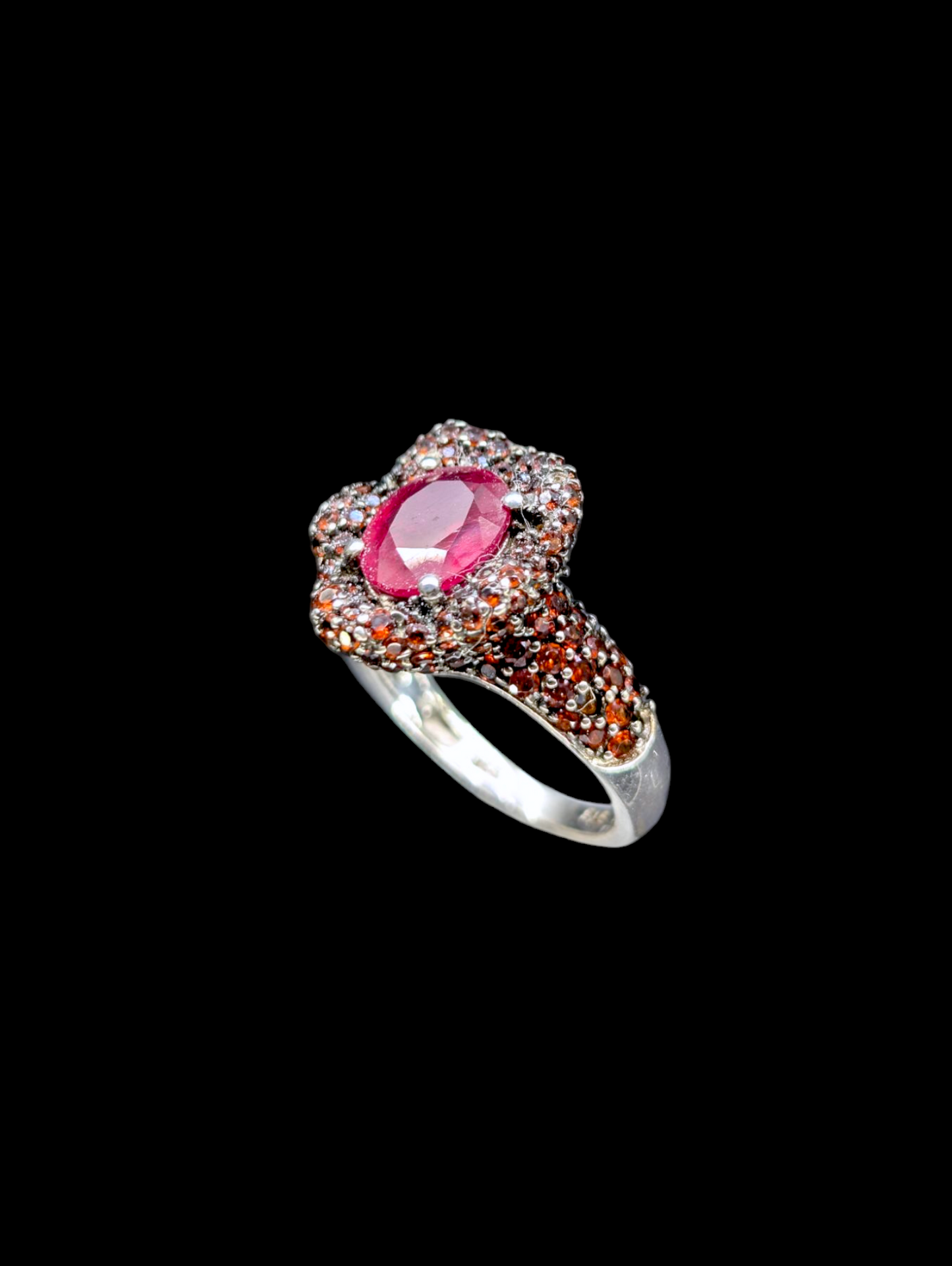 Vintage Earth Mined Genuine Ruby Solitaire and Spessartite Garnet Clustered Flower Mount Rhodium over Sterling Silver Ring