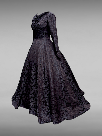 1940s-1950s "The Phoenix" Black Wedding Dress with Damask Silk Embossed Maple Leaves