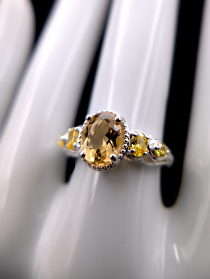 Vintage D'Joy Earth Mined Brazilian Genuine Citrine and Yellow Simulated Diamond Designer Cut Citrine Sterling Silver Ring