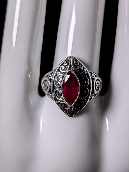Vintage Celtic Marquise Cut Bezel Set Genuine Ruby Solitaire Sterling Silver Filigree Ring