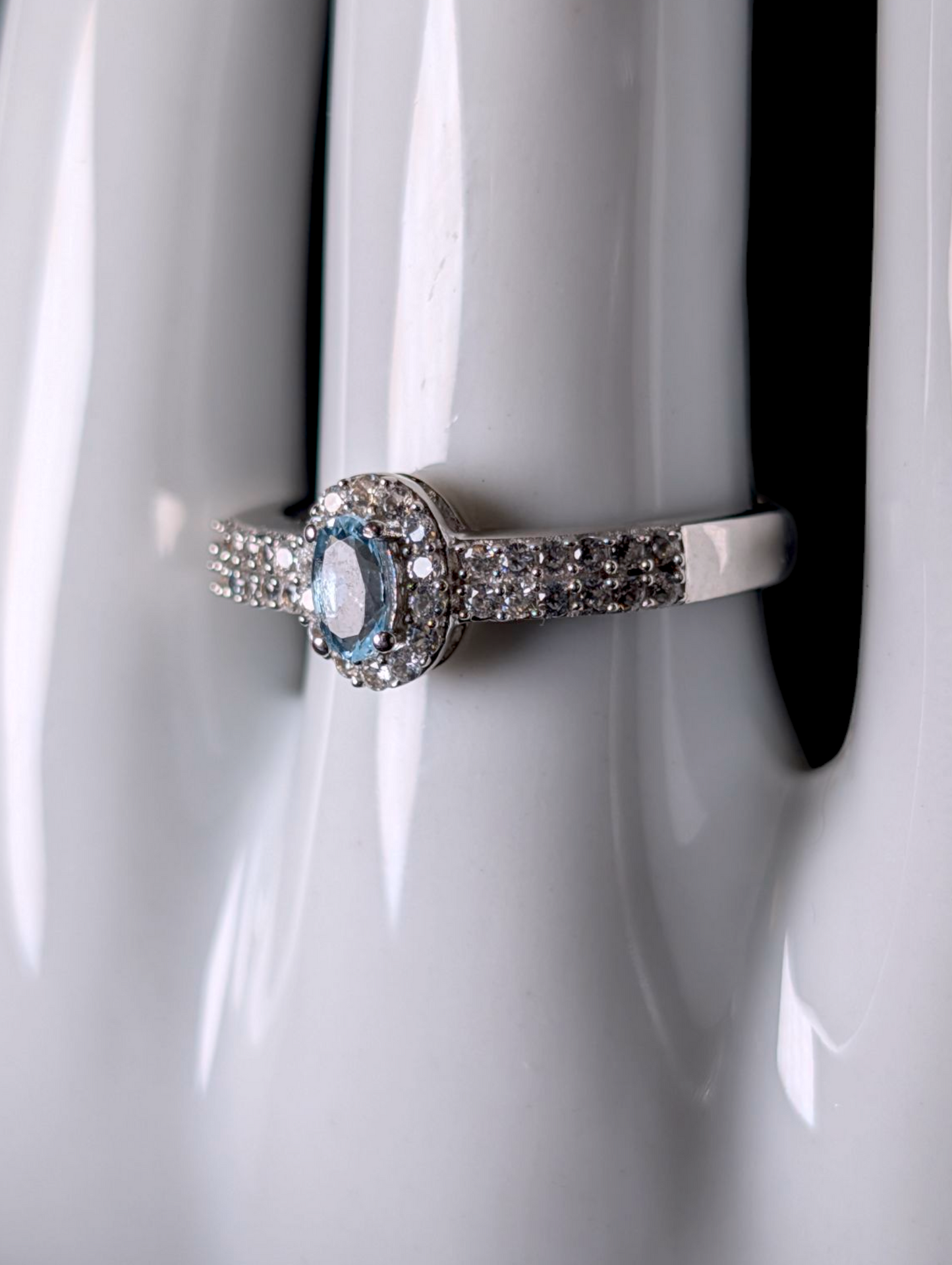 Vintage Dainty Oval Cut Solitaire Genuine Aquamarine and White Topaz Halo Sterling Silver Ring