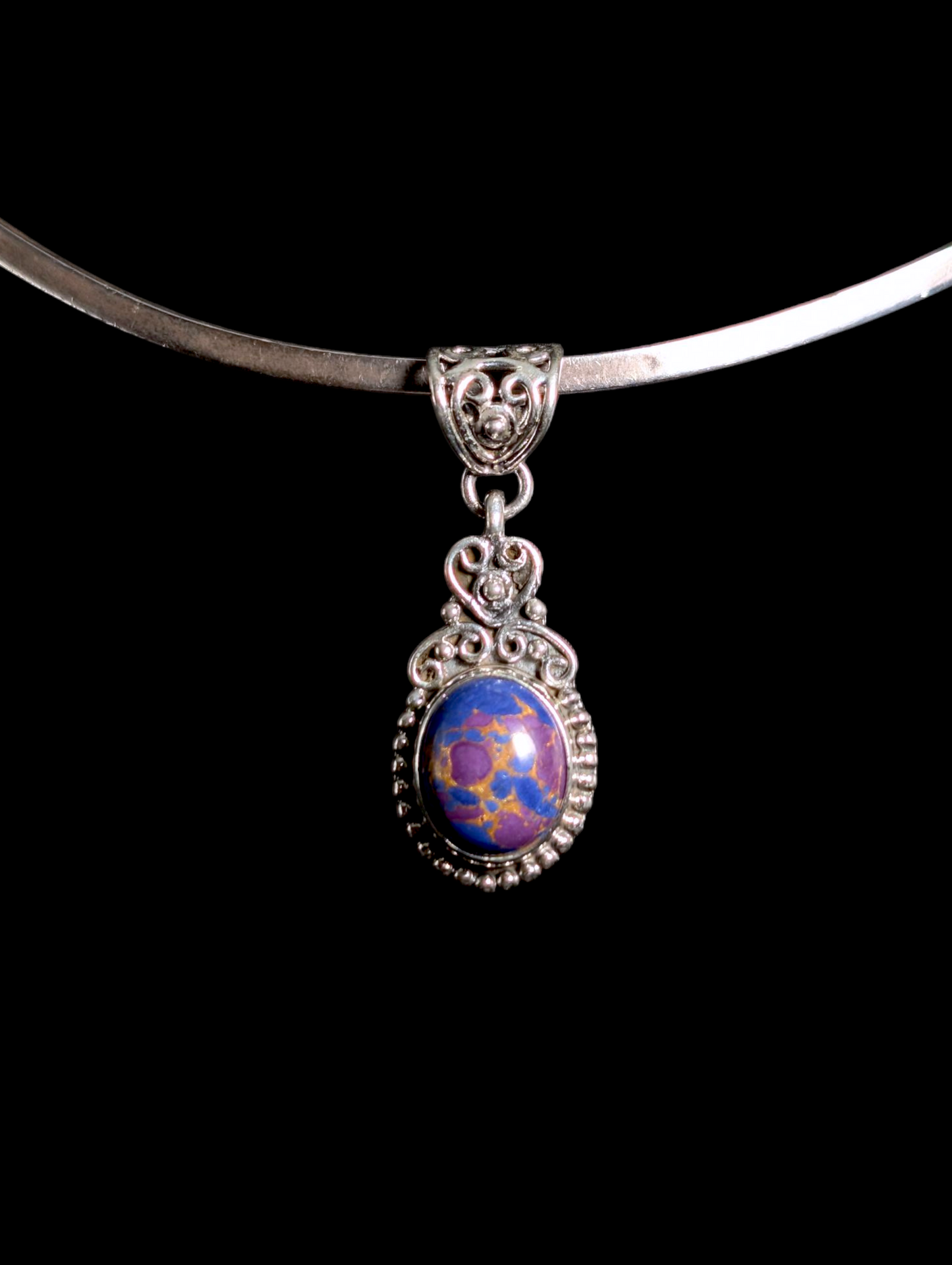 Vintage Oval Cut Bezel Cabochon Genuine Purple Turquoise Sterling Silver Studded Artisan Pendant