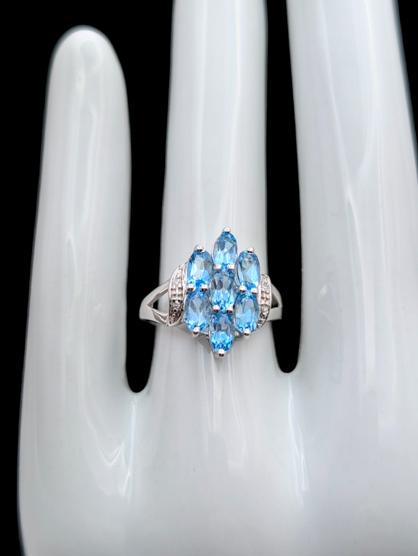 Vintage 2+ Carat Cluster Style Genuine Swiss Blue Topaz and White Diamond Accented Sterling Silver Ring