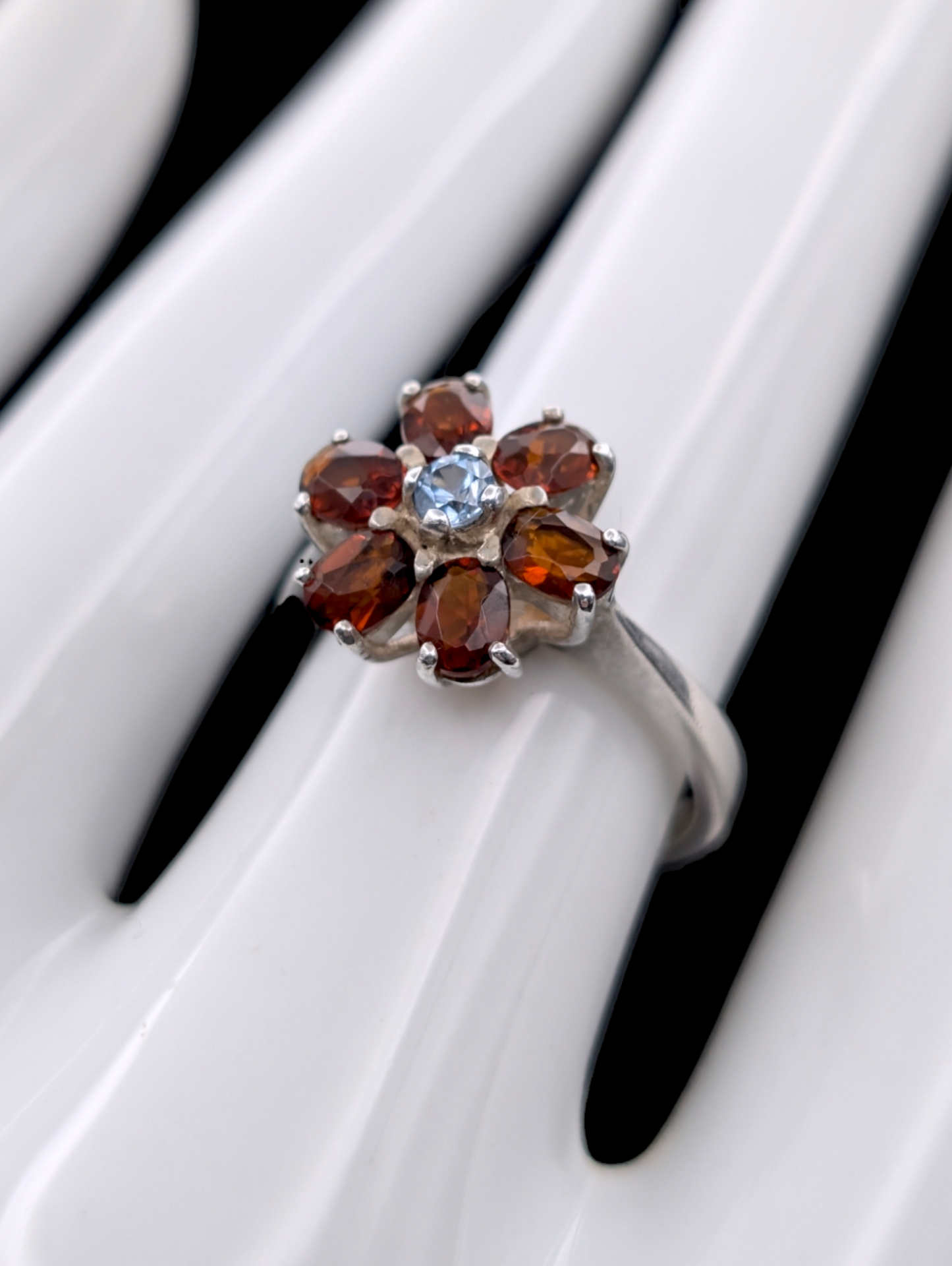 Vintage Flower Genuine Hessonite Garnet with Aqua Center Sterling Silver Ring