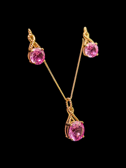 Vintage 10k Solid Yellow Gold 3+ Carat Genuine Pink Sapphire Necklace Pendant and Earrings Twisted Rope Set