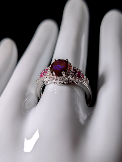 Vintage Earth Mined Genuine Black Fire Opal Solitaire with White Topaz Halo and Ruby Accent Stones Sterling Silver Ring